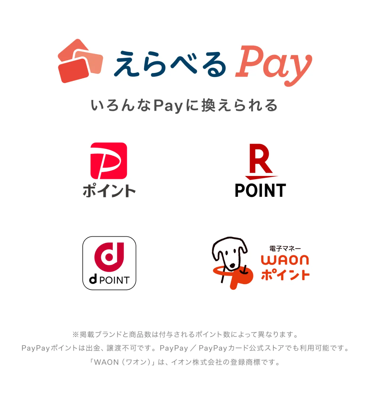 えらべるPay いろんなPayに変えられる。PayPayポイント、楽天ポイント、dポイント、AUペイ、amazon、クオカードペイ、Ponta、V Money 電子マネーwaonポイント。掲載ブランドと商品数は、付与されるポイント数によって異なります。PayPayポイントは、出金、譲渡不可です。PayPay、PayPayカード公式ストアでも利用可能です。QuoカードPayもしくはクオカードペイ及びそれらのロゴは株式会社クオカードの登録商標です。Waon(ワオン)は、イオン株式会社の商標登録です。